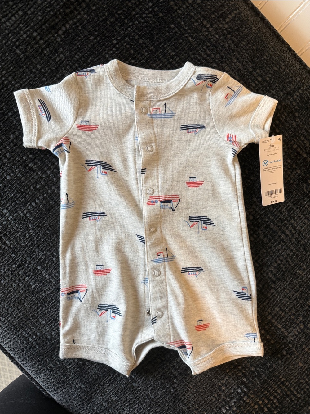 Carter's Gray Short-Sleeve Romper with Navy and Red Boats